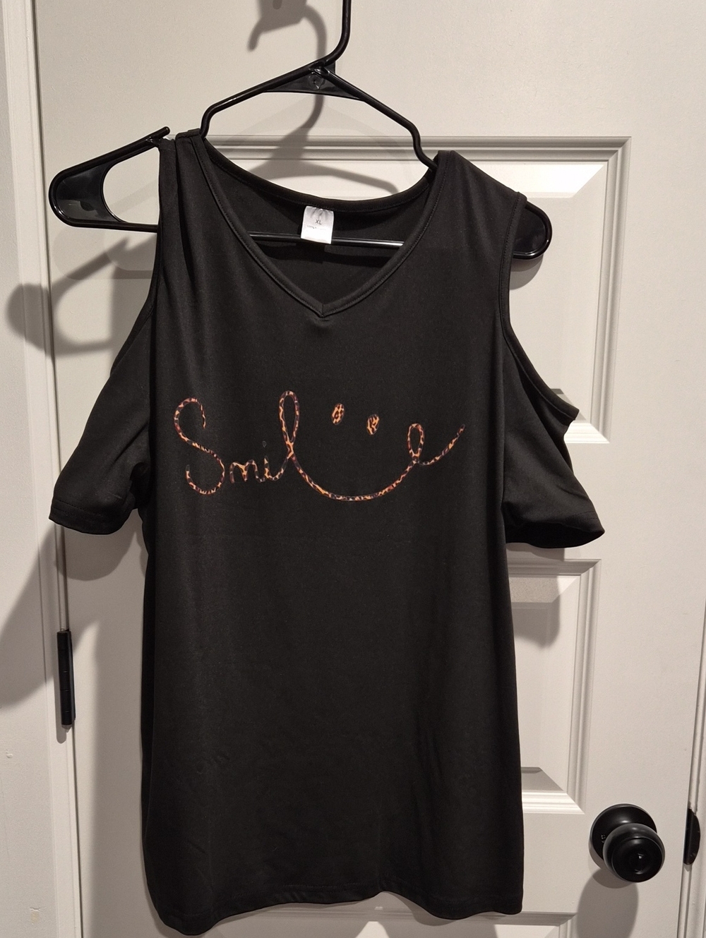 Black Cold-Shoulder Tee with 'Smile' Lettering